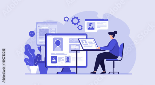 Woman Working on Computer with Online Profile.
