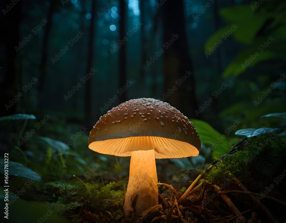 Fototapeta premium mushroom in the jungle, glowing mushroom in the night background, mushroom in the forest