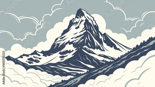 Illustration of a majestic mountain peak surrounded by fluffy clouds in a stylized design style