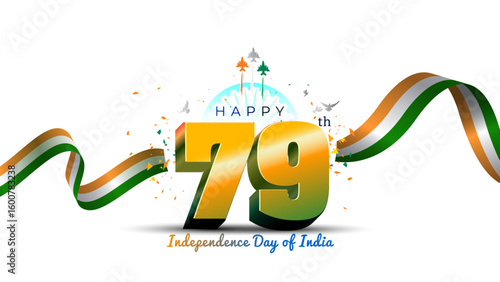Happy 79th Independence Day india. Freedom celebration banner design with tricolour ribbon.