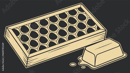 Illustration of a honeycomb frame with hexagonal cells and a block of honey dripping down below it