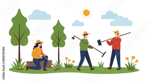 Farmers Working Together in a Sunny Garden Illustration.