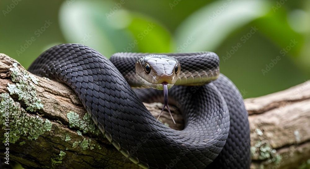 Obraz premium Black Snake on Branch with Tongue Out and Intense Yellow Eyes