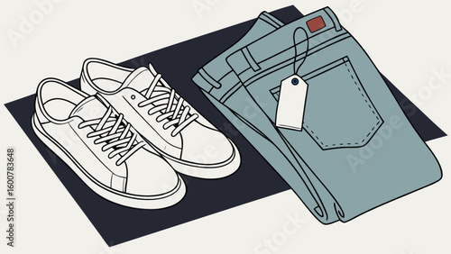 A pair of white sneakers and folded blue jeans with a tag on a dark surface are displayed