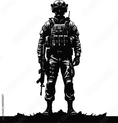 Silhouette of a soldier aiming a rifle, depicting precision and focus in a combat scenario