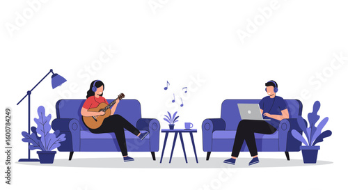 People Relaxing at Home with Music and Laptop.