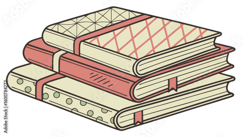 Illustration of a stack of three books with different patterns and colors tied with ribbons