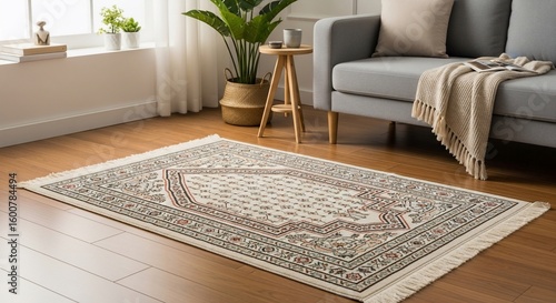 Elegant beige rug with ornamental design laid on wooden floor in a modern living room