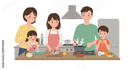 Family Cooking Together in a Kitchen Illustration.