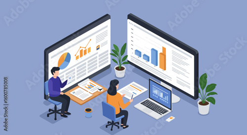 Business Team Analyzing Data on Large Screens.