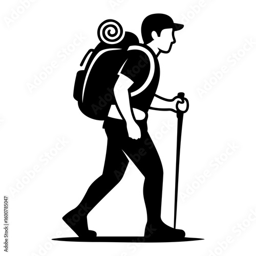 Silhouette Vector Illustration of a hiker with a large backpack and trekking pole walking to the right on a transparent background