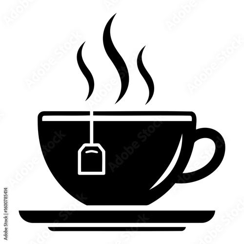A black silhouette of a teacup with steam rising and a teabag on a saucer against transparent background