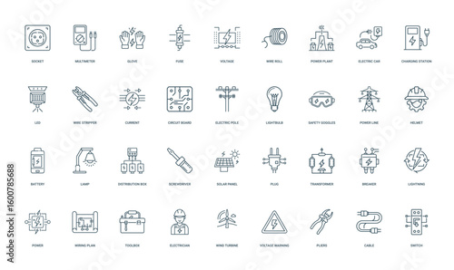 electrician collection thin line icons electrical components tools concepts electrical work, box Lamp Helmet Battery Distribution