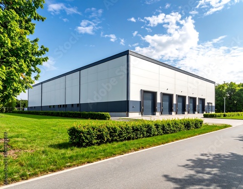 Modern warehouse exterior with landscaping