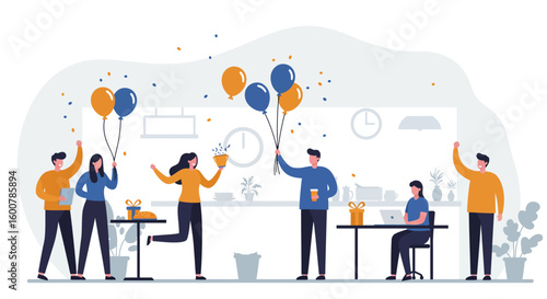 Group of People Celebrating with Balloons and Gifts.