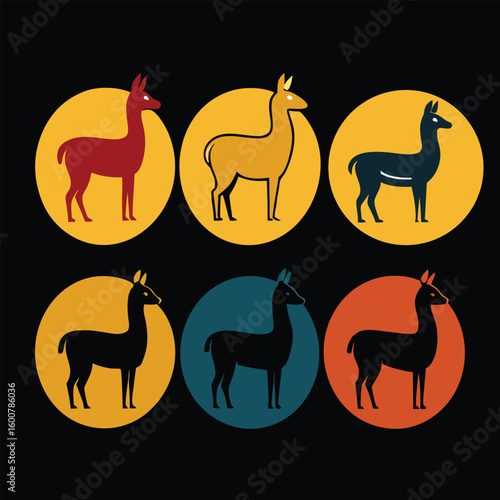 Colorful alpaca or llama silhouettes in circular frames with simple minimalist design