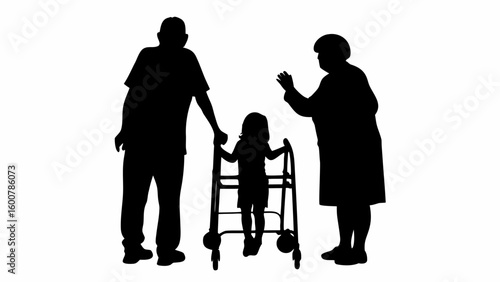 Silhouette of a child using a walker with an adult on each side in a black and white photograph scene