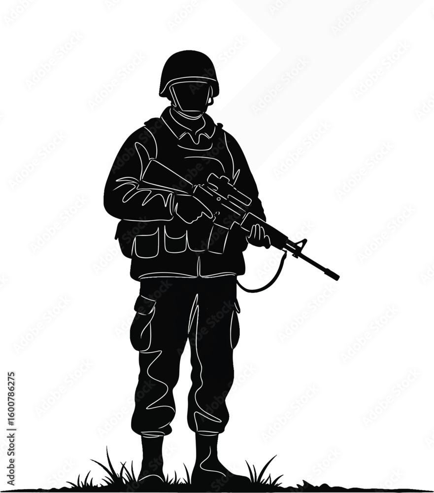 Silhouette of a soldier holding a rifle, positioned with a slight turn to the left, prepared for a tactical engagement Silhouette of a soldier holding a rifle, positioned with a slight turn to the left, prepared for a tactical engagement