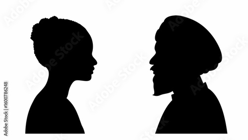 Silhouette of a woman with a bun and a man with a beard and turban facing each other in black