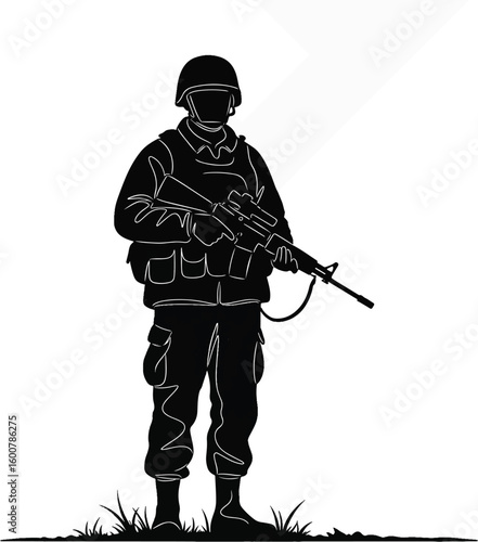 Silhouette of a soldier holding a rifle, positioned with a slight turn to the left, prepared for a tactical engagement