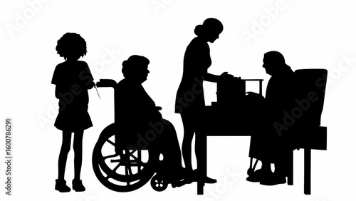 Silhouette illustration showing a girl, an elderly woman in a wheelchair, a nurse and a man at a desk