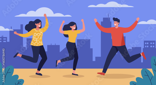 Joyful People Running and Celebrating with Raised Arms.