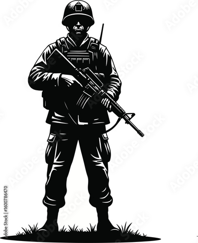 Silhouette of a soldier standing with a rifle, ready for action, against a clean white background