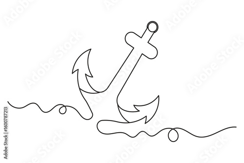 Ship anchor one line art continuous minimalist drawing isolated outline vector illustration