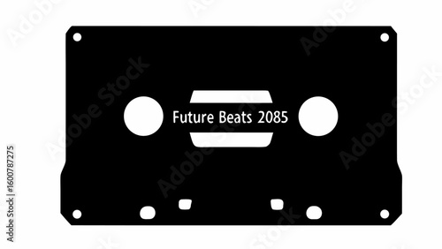 Illustration of a black cassette tape with the words future beats 2085 in white in the center area