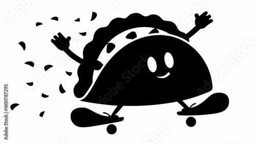 Illustration of a cheerful taco character skateboarding with arms raised and food bits flying behind it