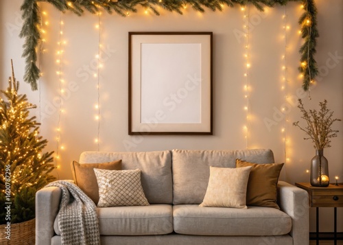 Frame mockup, Cozy living room decorated with lights and festive elements.