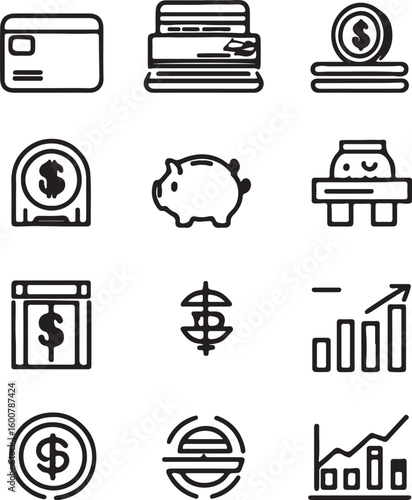 Finance and business icon set featuring symbols for money communication banking technology and media in black silhouette style