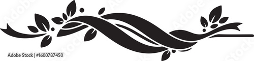 Modern ornamental divider with ribbon and leaf design, minimalist black and white vector style,