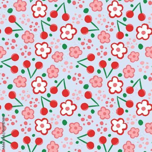 Cherry and flowers seamless vector pattern