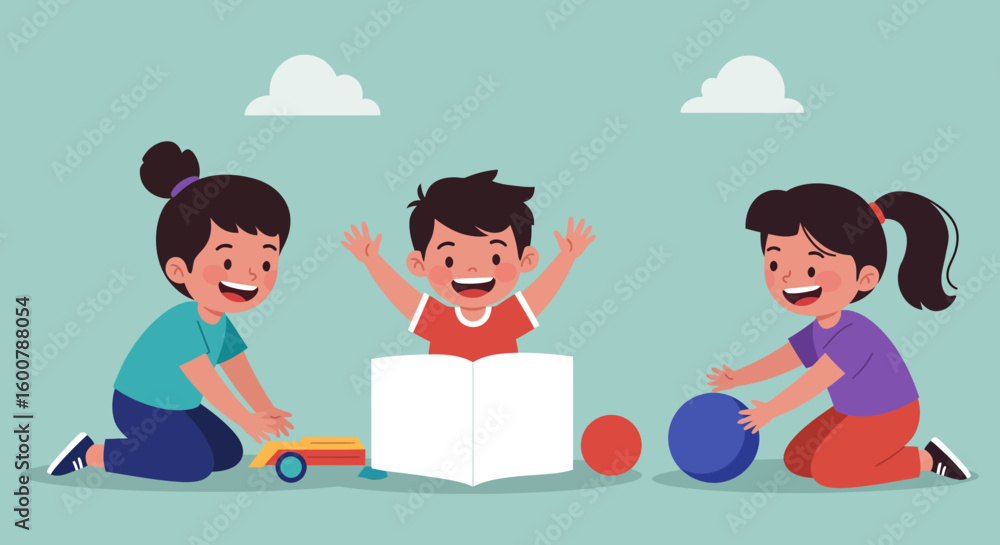 Children Playing with Toys and Smiling Happily. Children Playing with Toys and Smiling Happily.