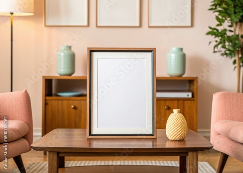 Obraz na plátne Frame mockup, Cozy living room setup with a blank frame and decorative items