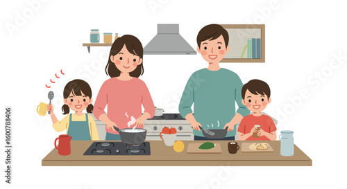 Family Cooking Together in a Kitchen Happy Illustration.