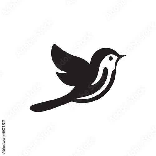 Simple black silhouette of a bird in mid flight with textured detail