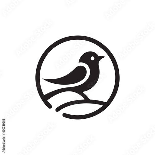 Minimalist black silhouette of a bird perched on a branch within a circle