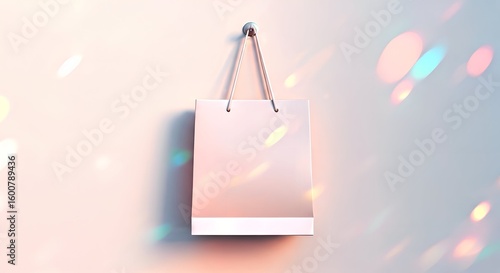 A blank pink paper shopping bag mockup hanging on a wall. This is a perfect template for branding with festive bokeh lights for a retail concept.