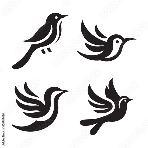 Four stylized black silhouettes of birds in flight and perched