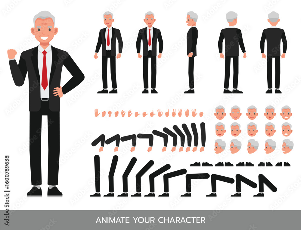 Businessman wear black suit character constructor. Flat design vector kit with poses and emotions for animation and explainer videos. Businessman wear black suit character constructor. Flat design vector kit with poses and emotions for animation and explainer videos.