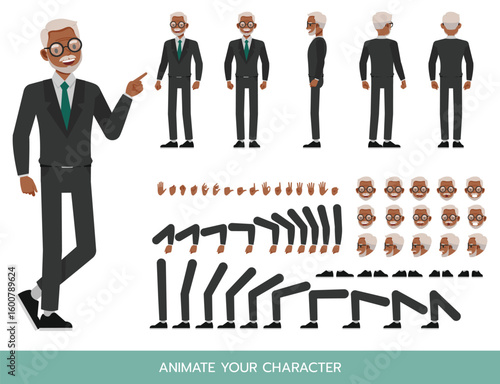 Businessman in grey suit with glasses character constructor. Flat design vector kit with poses and emotions for animation and explainer videos.