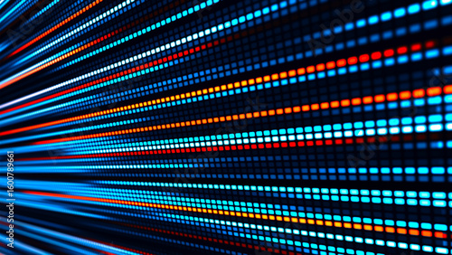 Digital flow. Light dynamics and pixel energy. The illustration shows a bright LED panel where bright multi-colored stripes create the effect of movement and energy. Vector illustration.