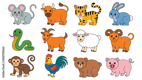 A cute cartoon animal vector set featuring a funny collection of baby zoo animals like a dog, cat, lion, elephant, cow, bear, tiger, pig, rabbit, and giraffe
