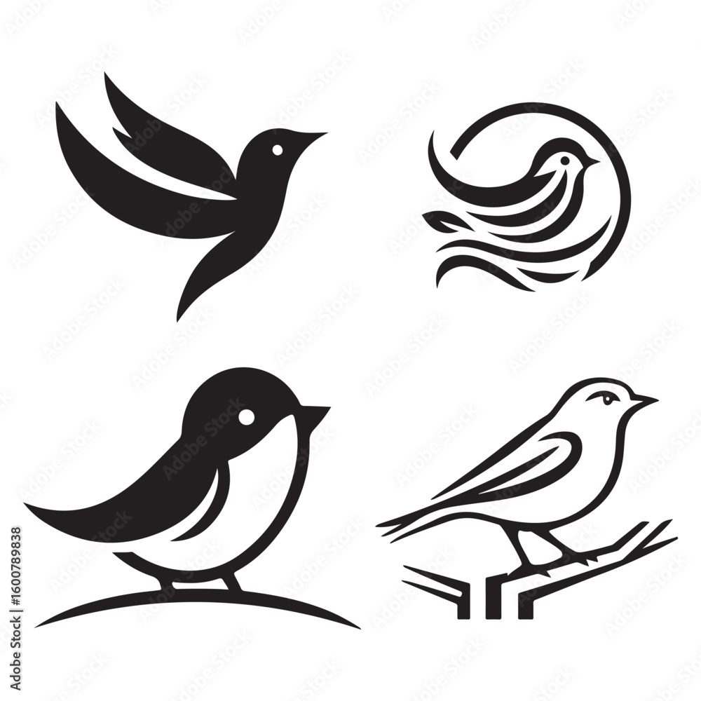 Fototapeta premium Four distinct stylized black bird silhouettes representing freedom and nature