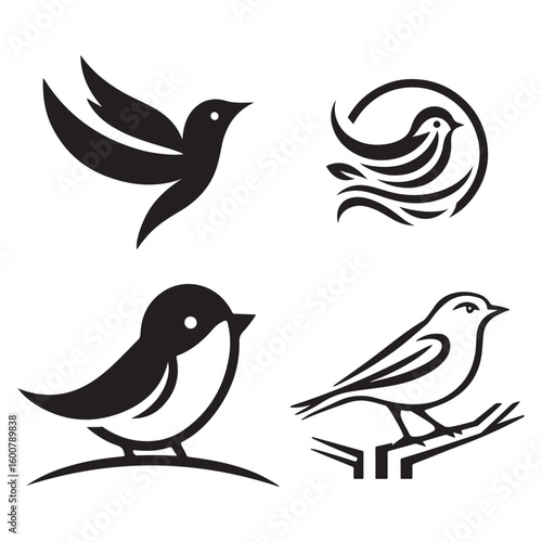 Four distinct stylized black bird silhouettes representing freedom and nature