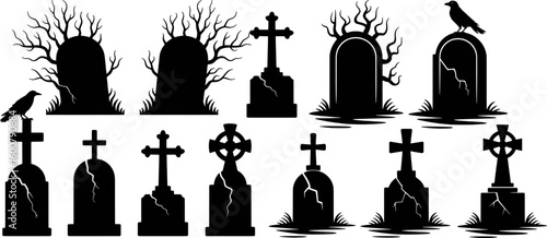 Black cemetery tombstones with crows and bare trees graveyard bird