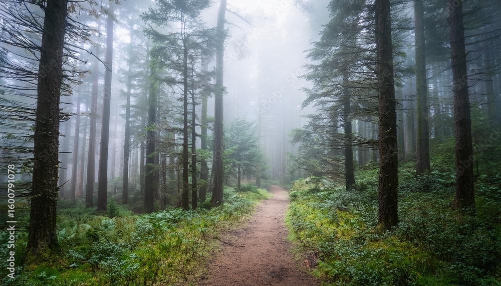 Fototapeta premium misty forest path through tall evergreens