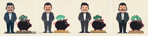 Flat design vector illustration of a man in a suit with a mustache standing next to a piggy bank | Mascot collection